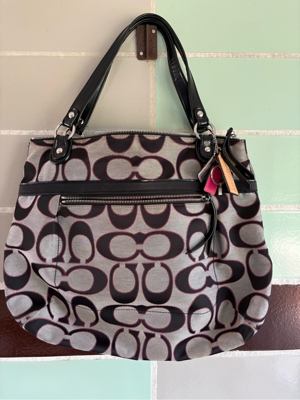 Coach 18979 Signature Canvas Shoulder Bag in Charcoal and Black with Pink Accent